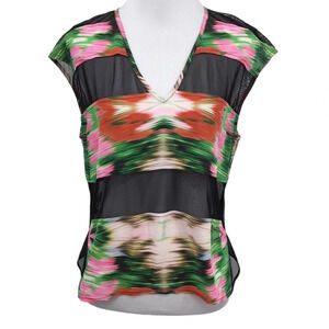 Shipley & Halmos Blouse Womens Small Black Green Tie Dye Cover‎ Up Mesh Top